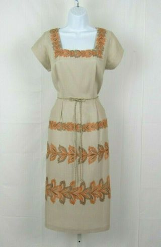 Vtg 1950s 60s Khaki Linen Thanksgiving Dress Fall Autumn Leaves Embroidery Belt