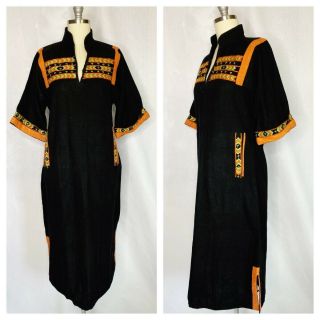 Vintage 70s Bohemian Star Of India Tunic Dress Size L Large Black Embroidered