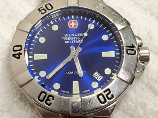Vintage Wenger Swiss Made Military Stainless Steel Date Watch Blue Dial Men 