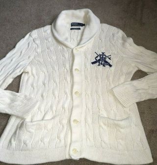 Vintage Polo Ralph Lauren Hand Knit Cardigan Sweater L,  Cable Knit Ivory