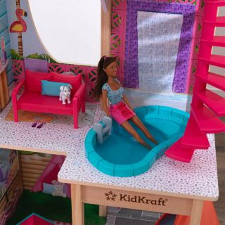 Kids play Pool Party Mansion Dollhouse with 26 Accessories Wooden doll house 3, 4