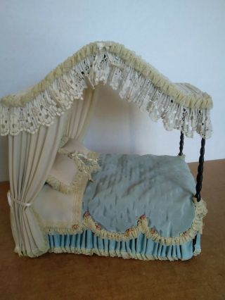 Dollhouse Miniature Victorian Bed.  In Beigh And Light Blue.  Judee 