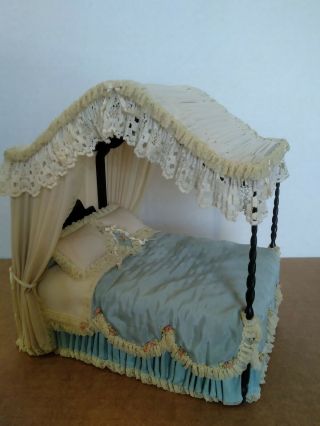 Dollhouse Miniature Victorian Bed.  In Beigh And Light Blue.  Judee ' Williamson 2