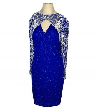 Vtg 80s Laurence Kazar Large Sequin Beaded Silk Party Sheath Dress Royal Blue