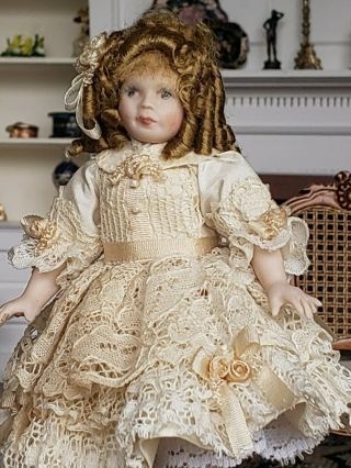 Dollhouse Miniature Artisan Porcelain Young Girl Doll In Fancy Dress 1:12