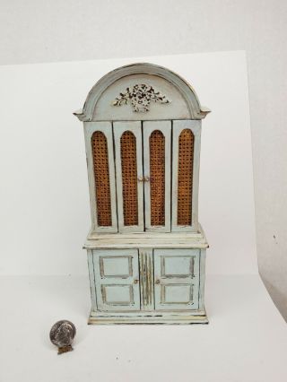 Vintage French Blue Hutch Cabinet 1:12 Dollhouse Miniature Shabby Chic Cane Door