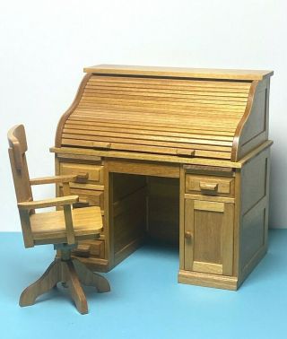Artisan Vintage Wood Roll Top Desk Dollhouse Miniature 1:12 Signed Carlisle 