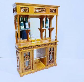 Dollhouse Miniature Wooden Walnut Hand Made Back Bar With Mirrors