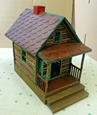 Antique Folk Art Hand Made Log Cabin Doll House W Porch,  Shingled Roof,  Chimney
