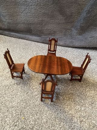Vintage Wooden Dolls House Table & 4 Chairs