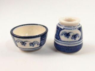 Miniature Artisan James Clark Painted Pottery Bowl & Jar For Dollhouse E321