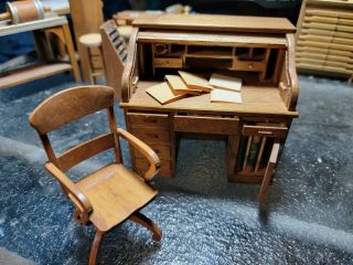 Vintage 1:12 Dollhouse Mini Furniture Wooden News Paper Office Rolltop Desk