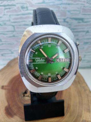 Vintage Retro Soviet Ussr Automatic Watch Slava Tv Cal 2427 27 Jewels Green Dial