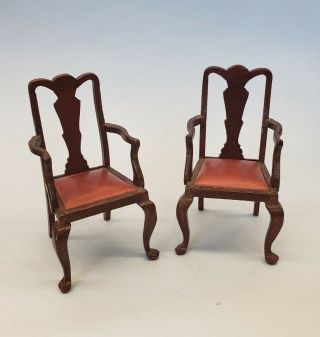 1:12 Dollhouse Miniature Artisan Chairs Signed Escutcheon Wood W Leather Seats