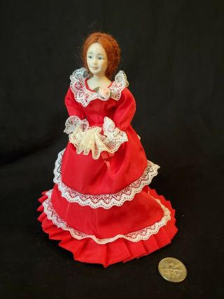Vintage Dollhouse Miniature Doll Artisan Made Victorian Red Dress 1:12