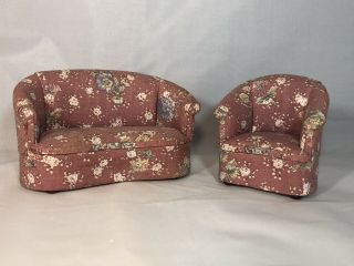 Dollhouse Miniature 1:12 Scale Bespaq Pink Floral Living Room Set Couch And Chai