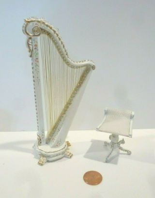 Bespaq Dollhouse Miniature Hand Painted Harp & Chair 4445 & 4445b White
