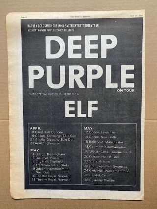 Deep Purple 1974 Uk Tour Poster Sized Music Press Advert From 1974 With
