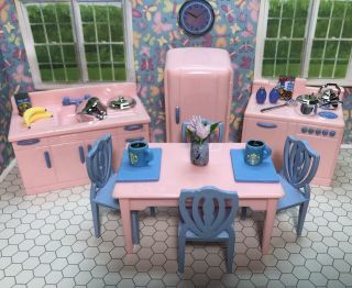 Rare Ideal Pink Kitchen Set Vintage Dollhouse Furniture Renwal Miniature 1:16