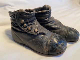 Antique Victorian Baby Boots Button Up Black Leather Baby Or Doll Shoes High Top