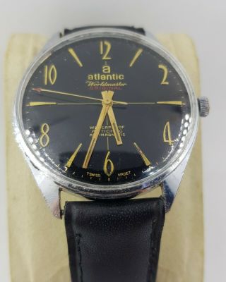 Vintage Atlantic Wordmaster Mens Swiss Made 17 Jewels Watch Black Dial
