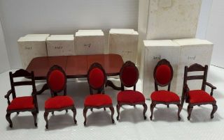 Vintage Dollhouse Miniature Dining Table W Leaf & 6 Red Chairs Mahogany 1:12 Box