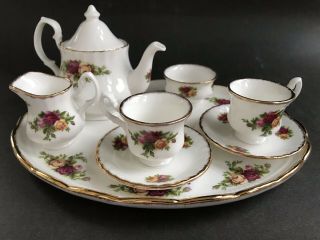 Vtg Royal Albert Country Roses Complete Miniature Tea Set X 2 W/ Tray Teapot,