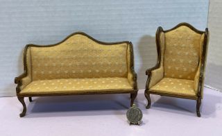 Vintage Artisan Minor Sofa & Wing Back Chair Woven Silk Dollhouse Miniature 1:12
