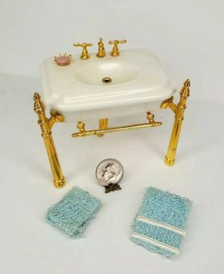 Vintage Porcelain & Brass Bathroom Sink 1:12 Dollhouse Miniature Metal Stand