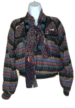 Vintage 1980s Koos Van Den Akker Sweater Artsy Mixed Textiles Scarf Collar Sz 10