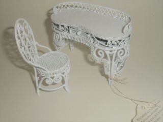 Vintage Dollhouse Miniatures Furniture White Metal Wicker Vanity With Chair