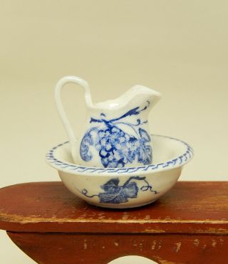 Vintage Jean Tag Ceramic Pitcher & Washbowl Artisan Dollhouse Miniature 1:12 2