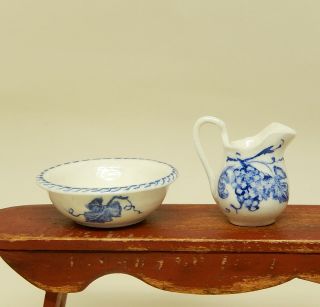 Vintage Jean Tag Ceramic Pitcher & Washbowl Artisan Dollhouse Miniature 1:12 3