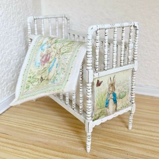 Vintage Dollhouse Miniature Wood Crib Artisan Made With Peter Rabbit Blanket Etc
