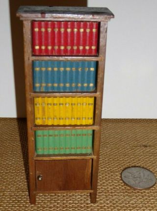Vintage Strombecker Doll House Furniture Bookcase 40 Removable Books Walnut 1:12