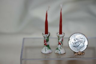Miniature Dollhouse English Artist Pair Candleholders & Candles Xmas Berries Nr