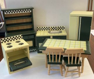 Melissa Doug Dollhouse Furniture 1:12 Kitchen Table Sink Oven Fridge Hutch Green