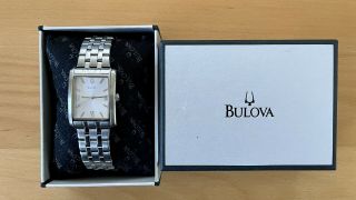 Bulova Watch 96a001 Quartz Silver Dial Stainless Steel Rectangle Case