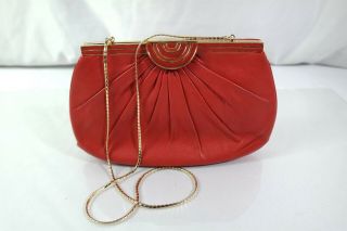 Vtg Judith Leiber Red Leather Clutch Evening Bag Gold Tone Hardware