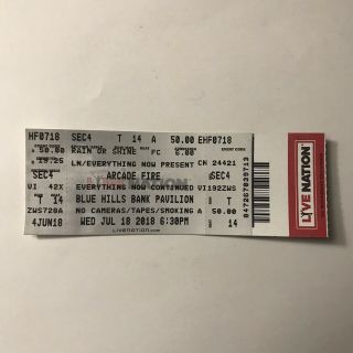 Arcade Fire Blue Hills Bank Pavilion Everything Now Concert Ticket Stub Jul 2018