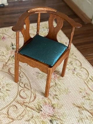 Artisan Made Miniature Vintage Dollhouse Wood Corner Chair Green Silk Seat Ooak