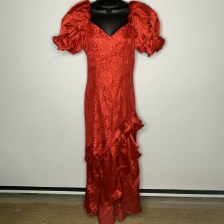 Vtg 80s Party Prom Sz 7/8red Lace Satin Puff Bow Sleeves Hi Lo Bow Front Dress