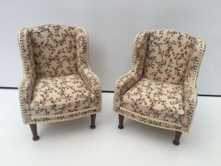 Beautifully Made Pair Floral Armchairs Chairs Dolls House Dollhouse Furniture
