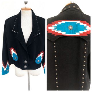 Vintage Vtg 1970s 70s Black Denim Western Studded Jacket Coat