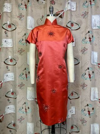 Vintage 1960s Dress & Jacket Set - Orange Satin Beaded Firework Cheongsam - M L