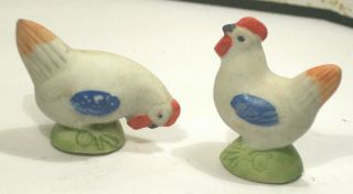 2 Adorable Antique German Bisque Miniature Chicken Figurine Hertwig