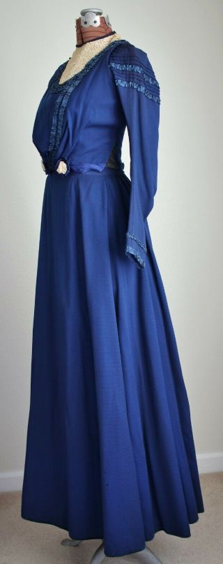 Antique Victorian Blue Wool Silk Ruched Ribbon & Lace Walking Suit 2 Pc Dress