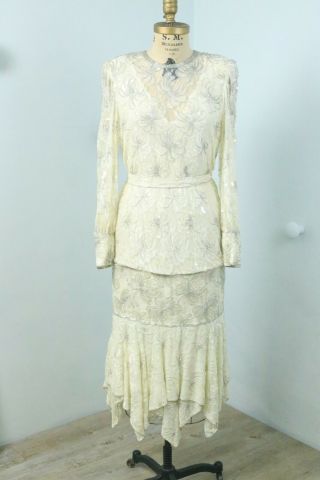 Vintage 80s Edwardian White Sequined Beaded Lace Drop Waist Long Sleeve Dress M