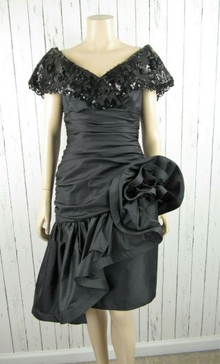 Vintage 80s Black Taffeta Off Shoulder Big Flower Ruched Cocktail Prom Dress