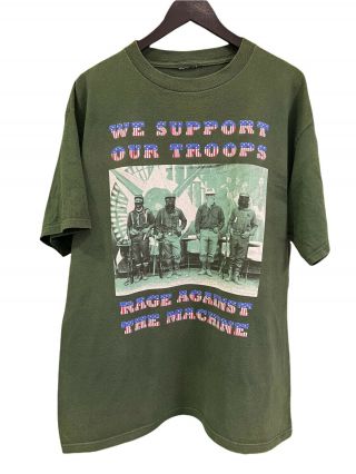 Vtg Rage Against The Machine We Support Our Troops 90s Green Fabric T - Shirt Xl